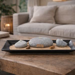 ensemble bougies galets artisanales françaises décoration intérieure zen table bois ambiance naturelle